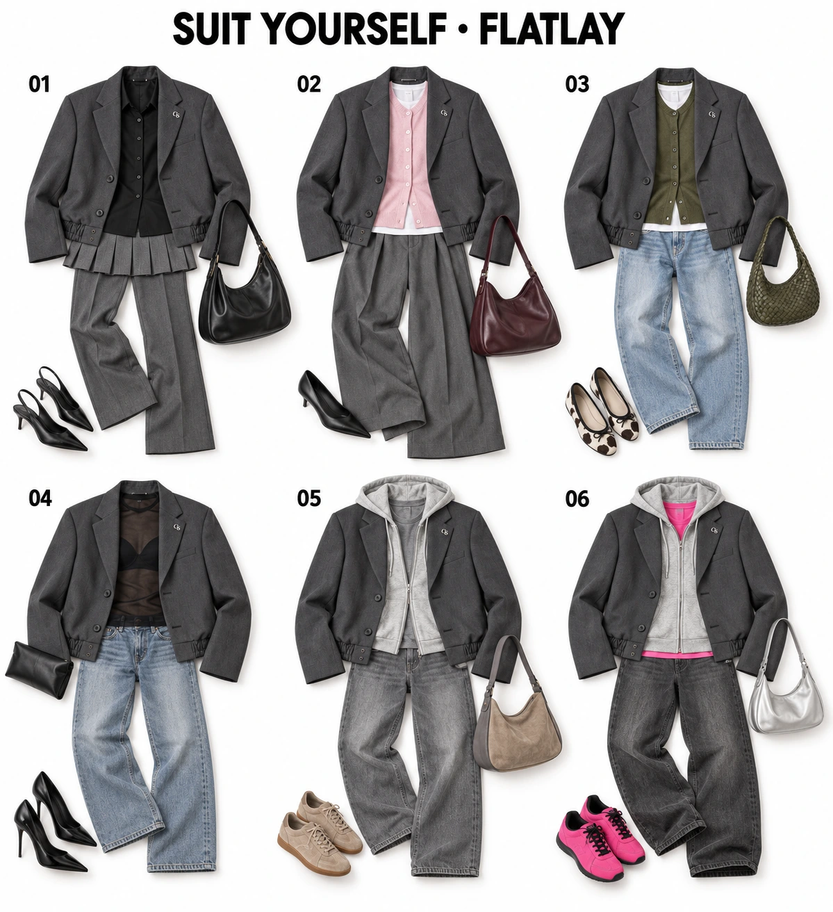 KI-generierte Übersicht: sechs Stylingideen mit dem grauen Bomber-Blazer Suit Yourself
